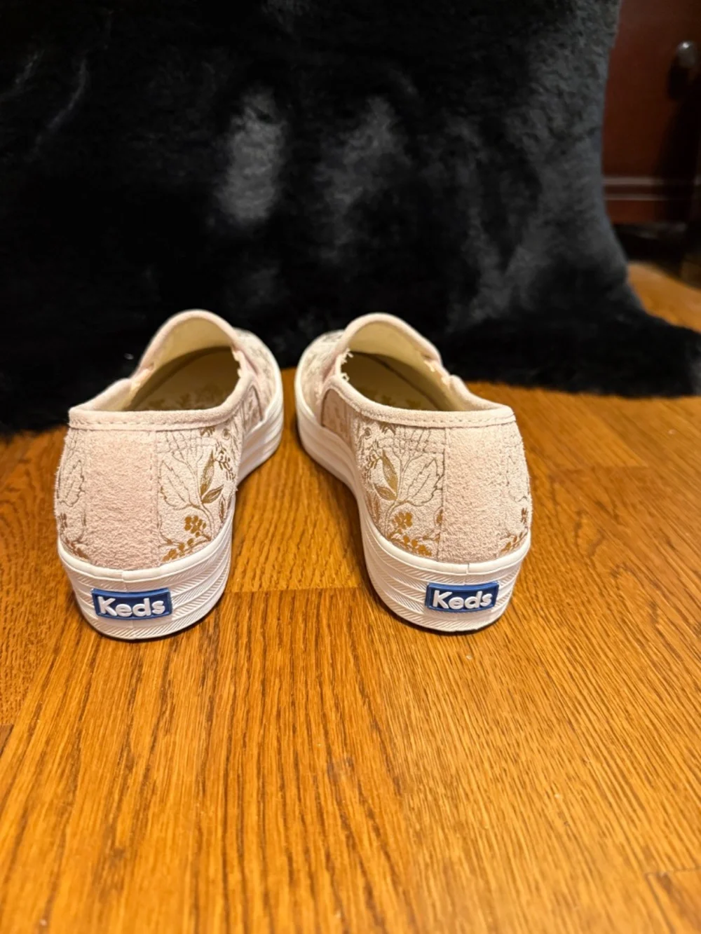 Rifle Paper Keds collaboration gorgeous light pink with gold floral and pattern